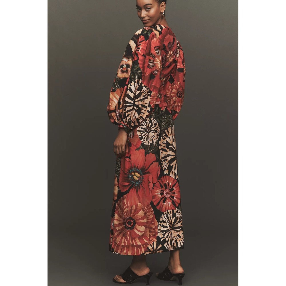 Farm Rio Flowershop Puff-Sleeve Maxi Dress V-Neck Button Front Red Size XS NEW - Picture 2 of 9